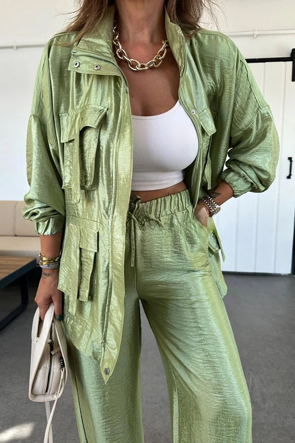 2-teiliges Herbst-Outfit – Cargo-Stil mit Metallic-Effekt